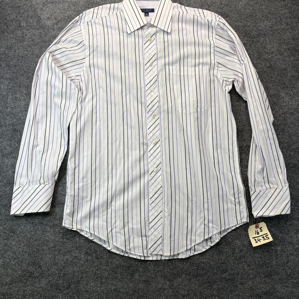 Ted Baker London Shirt Mens 15.5 34/35 M White Purple Striped Diagonal Cuff LS